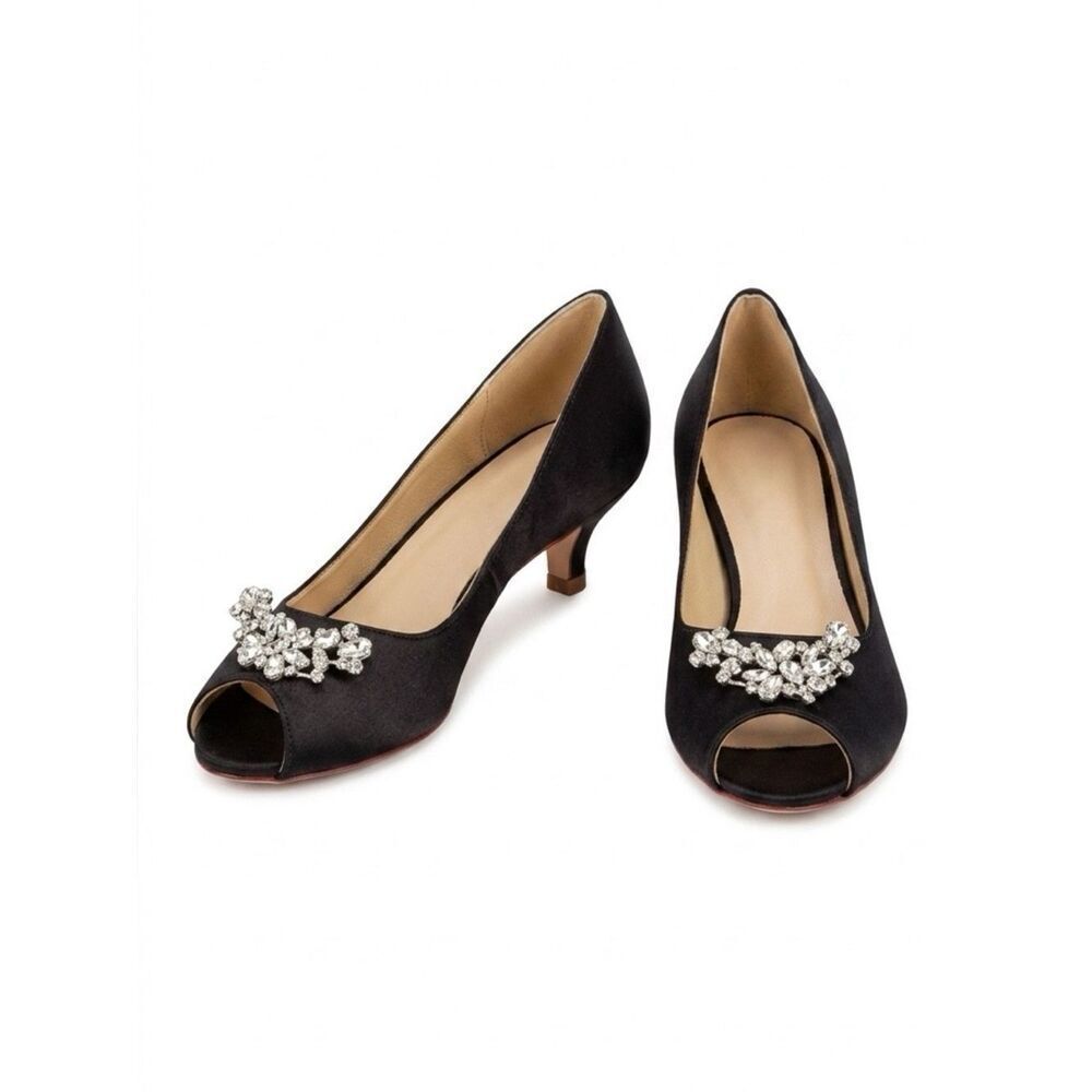 Black Satin Peep-Toe Kitten Heels with Crystal Accent